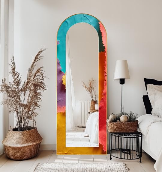 Specchio da pavimento astratto a forma di onde arcobaleno da 63,5 x 160 cm (larghezza x altezza), specchio da pavimento con cornice nera e cornice nera