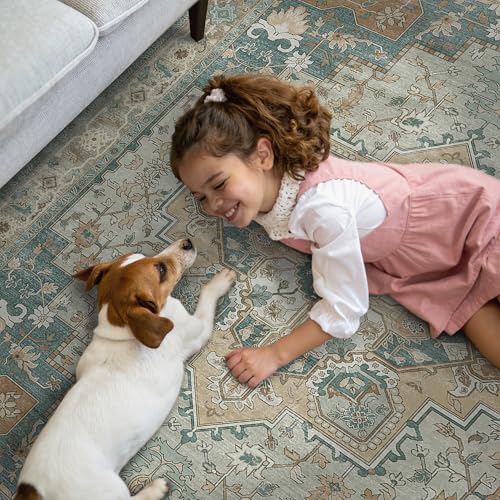 GENIMO 2x5 Runner Rugs for Hallway, Machine Washable Non Slip Vintage Rugs, Low Pile Lightweight Soft Print Rug for enrtyway, Corridor, Home Office, Kitchen,Ash Blue