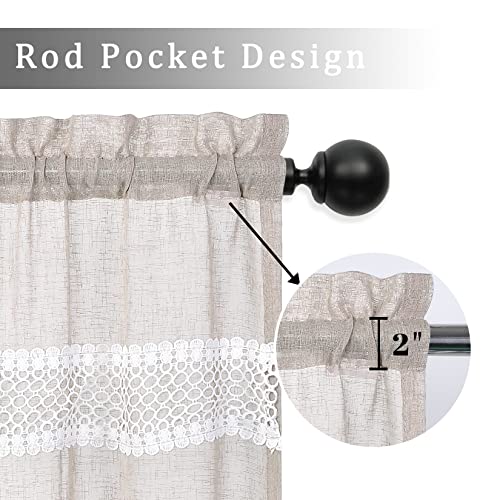 Caremee Semi Sheer Tier Curtains 36 Inch Length Lace Tassel Curtains Linen Textured Short Window Curtain Panels Farmhouse Café Curtains Sheer Window Treatment Set For Bedroom, W27 X L36, Khaki #TOP4