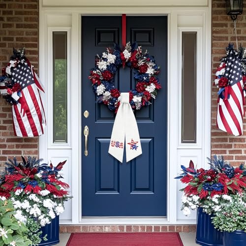 2 Pcs 4th of July Wreath Sash Stripes Stars for Front Door Embroidery Ribbon Sash Independence Day Patriotic for Yard Porch Doorway Decor Outdoor Party Decoration by QIONG MENG - Used condition - Image 5