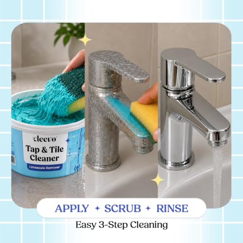 Image of Cleevo Tap & Tile Cleaner | Limescale & Hard Water Stain Remover | Removes White Cast, Soap Scum & Rust Stains | Non-Toxic | Suitable for Bathroom, Taps, Showers, Tiles & Brass surfaces