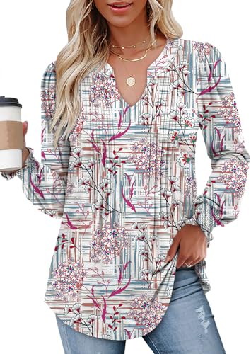 BETTE BOUTIK Long Sleeve Shirts for Women Fall Tops Dressy Blouses Pleated V Neck Tunic Tops for Leggings S-3XL