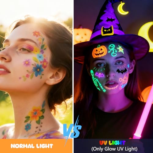 Alaoo Fluorescent Face Tattoo Pen, 6Pcs Glow in the Dark Under UV Light Body Painting Kit, Washable UV Neon Pens for Kids Adults for Halloween, Christmas, Glow Party, Discos - Image 5