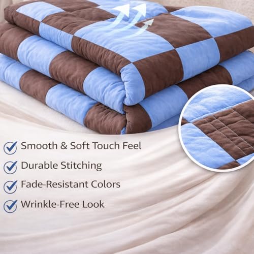 Image of Single Bed Dohar Blue Brown Checkered | Lightweight Summer Quilt | Cotton AC Blanket | Breathable All Season Comforter | Skin Friendly Bed Cover