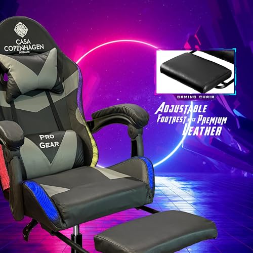 Image of Casa Copenhagen ,High-Back Italian Leather Gaming Ergonomic Chair with Advanced Mechanism with LED Light & Electric Back Massager, Memory Foam Seating & Multi Function Arm-Rest - Grey & Black