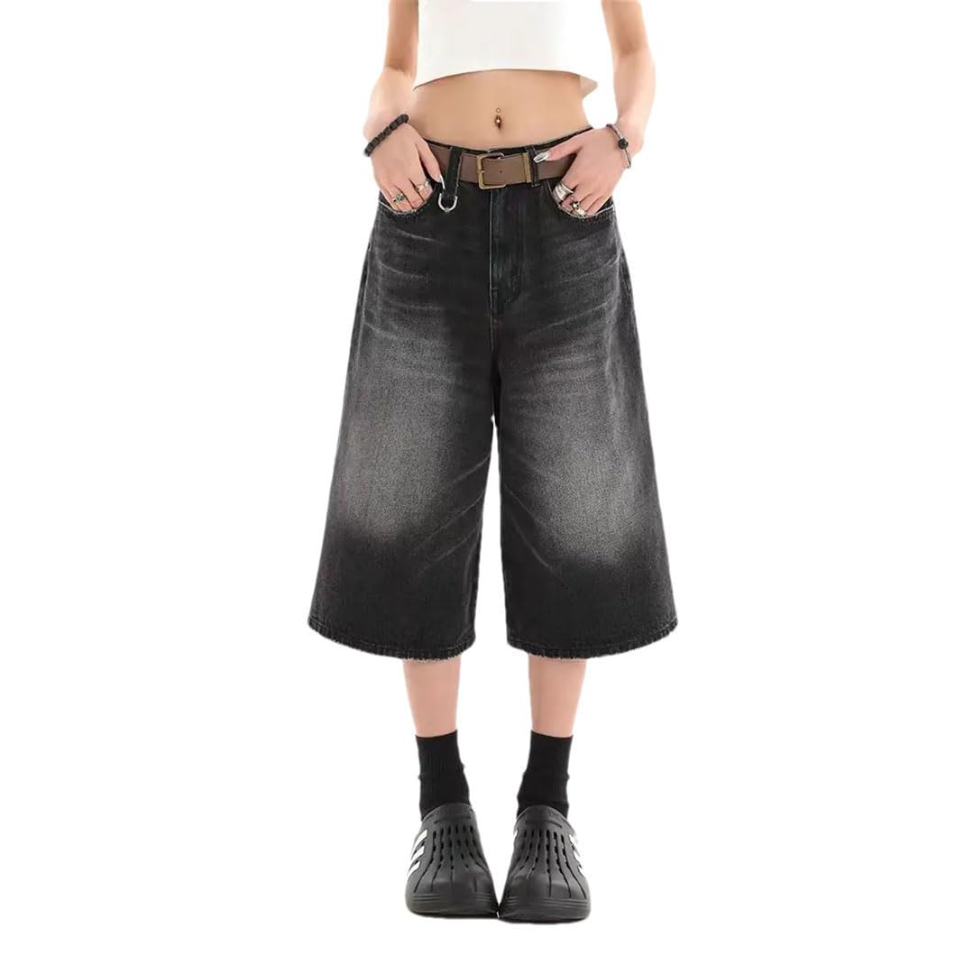 Damskie spodenki na co dzień Harajuku Vintage Zamek Luźne Szerokie Nogawki Punk Baggy Mid Long Denim Szorty, Czarny, XXL