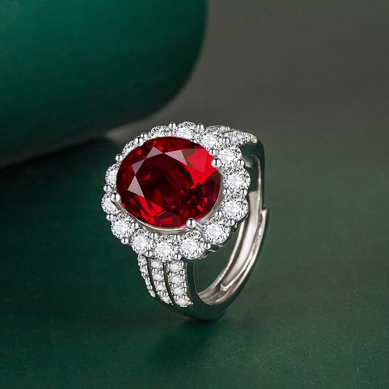 FLYYQMIAO Luxury Oval Cut Imitation Gemstone Engagement Ring 925 Sterling Silver Created Gemstone Birthstone Ring Double Halo Solitaire Wedding Rings for Women Bridal Open Adjustable Ring(red)2
