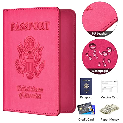 Image of Passport and Vaccine Card Holder Combo, with Slot, Wallet, Cover, Case, for Women Men(AD-Rose Red)