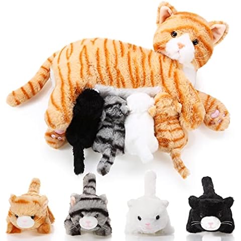 Skylety Nurturing Cat Stuffed Animal with Plush Kittens, Valentine Cat Baby Stuffed for Girls and Boys Plushy Kitty Mommy Cat with 4 Baby Cats for Birthday Party Favors Gifts(Cute Style) Cover