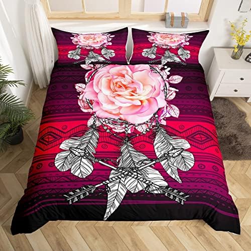 Pink Poppy Comforter Cover Set Tribal Feather Duvet Cover Full Size,Exotic Flower Bedding Set for Kids Child Nordic Aztec Bedclothes Bohemian Mexican Style Tribe Arrow Bedroom Decor,Red Black