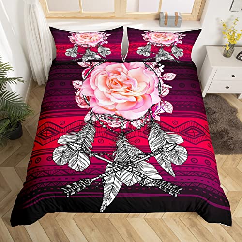 Pink Poppy Comforter Cover Set Tribal Feather Duvet Cover Full Size,Exotic Flower Bedding Set For Kids Child Nordic Aztec Bedclothes Bohemian Mexican Style Tribe Arrow Bedroom Decor,Red Black #TOP16