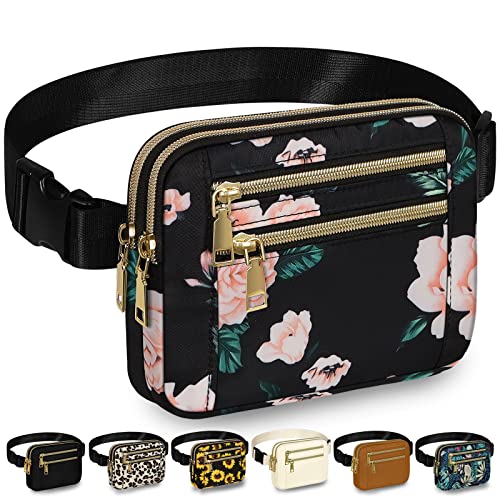 Image of Capolo Fanny Packs for Women Fashion Waist Packs Bag with Adjustable Strap and 4 Zipper Pockets Waterproof Everywhere Crossbody Belt Bag for Workout Running Travelling(Black Flower)