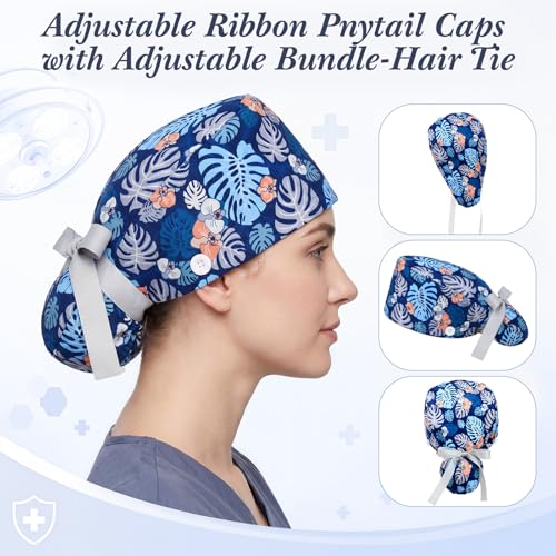 Image of 6 Pcs Scrub Cap Women Adjustable Nurse Cap with Button Bouffant Medical Surgical Hat Sweatband for Gift