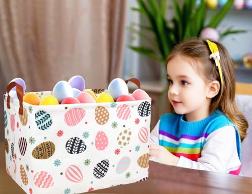 Image of Rectangle Empty Easter Baskets Boy Large Toy Storage Bin Girls collapsible Hamper Waterproof Canvas Box Kid Gifts Spring Decor( Flower Egg )
