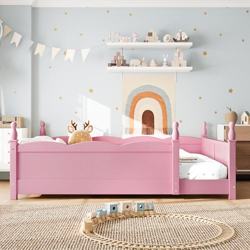 Image of Bellemave Full Size Montessori Floor Bed Frame with High Fence, Solid Wood Kids Floor Bed with Bookshelf, Low Profile Bed for Boys & Girls, Childlike Design,Pink