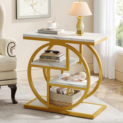 Image of Tribesigns End Table for Living Room, Modern Faux Marble Narrow Side Table with Storage Shelves, 4-Tier Bedside Table for Bedroom, Small Sofa Side Table with Geometric Metal Frame (1 PC, White & Gold)