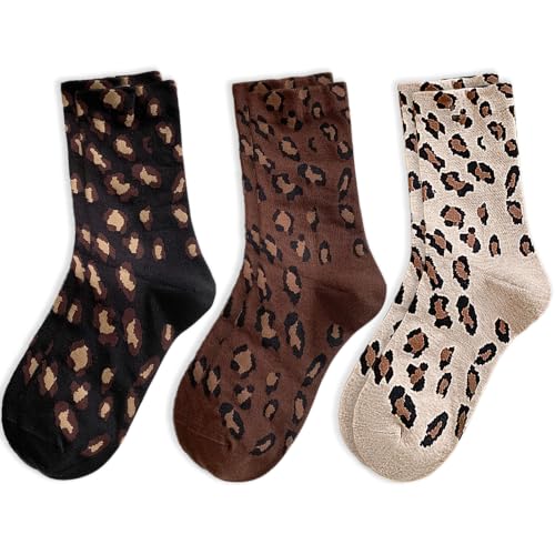 Dcozrr Womens Leopard Socks - Leopard Print Crew Socks Novelty Funny Cotton Cheetah Print & Animal Print Socks - 3 Pairs (Black + Khaki + Brown)