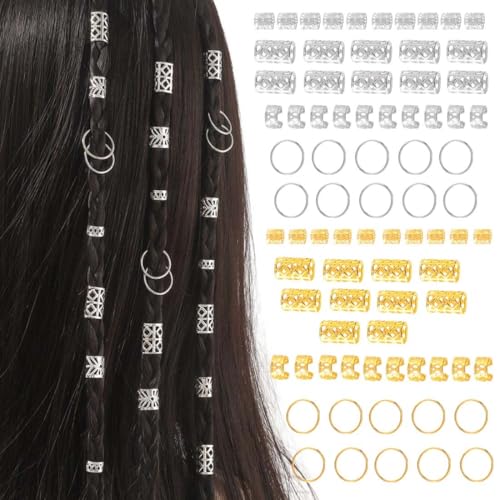 JYNXOR 80 Pcs Accesorios para el Pelo, Joyas para el Cabello, Joyas Loc para Rastas de Cabello, Puños Dorados para Trenzas, Anillos Pelo Ajustable, Adornos Pelo para Mujer y Hombres(Oro, Plateado)