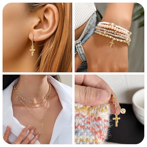 Image of 10Pcs 18K Gold Plated Cross Charms Brass Golden Crucifix with Lightning Bolt Pendants Permant Metal Jewelry Charms with Jump Ring for DIY Bracelet Necklace Earring Jewelry Making