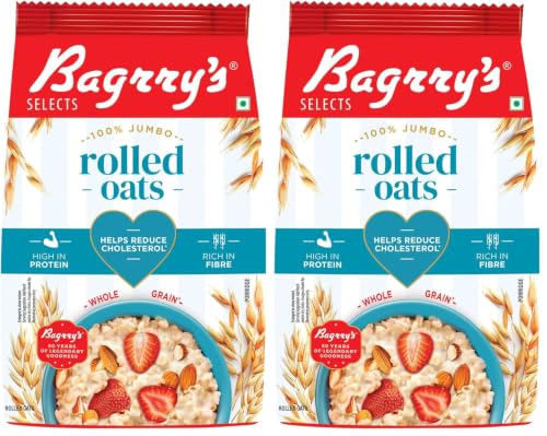 Image of Bagrry's 100% Jumbo Rolled Oats 1kg | Prebiotic, Whole Grain, High Fibre & Protein Breakfast Cereal | Non-GMO Oats | No Added Sugar & Preservatives | Perfect or Weight Loss & Heart Health | Instant Oats for Breakfast
