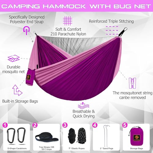 Image of Small Hammock, Camping Hammock with Mosquito Net, Lightweight Nylon Portable Hammock with 10ft Tree Straps,Hammocks for Travel Hiking Backpacking Beach Patio