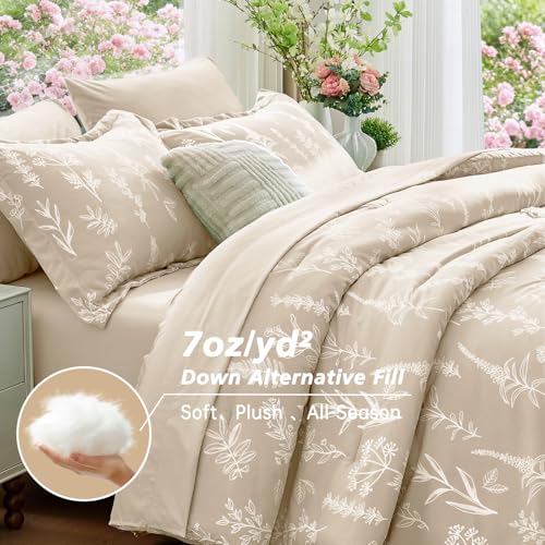 Image of MUXHOMO Beige Bed in a Bag Queen 7 Pieces, Queen Comforter Set Reversible Botanical Flowers Design, Ultra Soft & Breathable Bedding Sets with Comforter, Sheets, Pillowcases & Shams