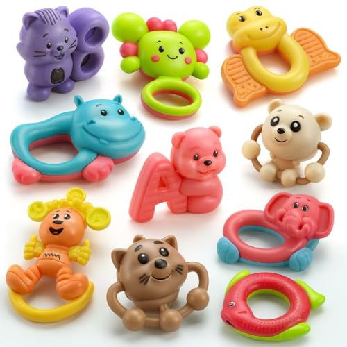 Image of Cable World Bath Toy Infant Colourful Plastic Non Toxic Set of 10 Attractive Big Size Rattles and Teathers, Bath Toy for Kids, New Borns, Baby