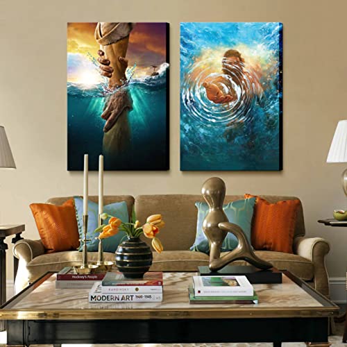 2 Pcs Framed Jesus Wall Art The Hand Of God Jesus Reaching Into Water Christ Religion Canvas Wall Decor Blue Ocean Bible Pictures Posters Prints Paintings For Living Room Bedroom Church Decorations Ready To Hang #TOP4