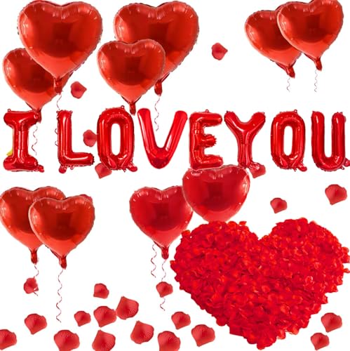 I Love You Balloons and Heart Balloons with 500 Pieces Rose Petals Foil Mylar Love Balloon for Him/Her Wedding Anniversary Engagement Valentine Day Romantic Decorations Special Night Party Supplies