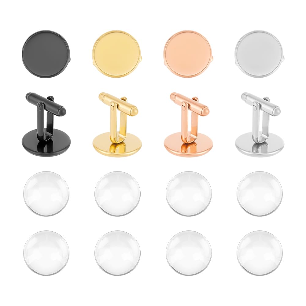 UNICRAFTALE About 8 Sets 4 Colors Stainless Steel Blank Cuffinks Flat Round Cufflink Cabochon Settings 18mm Cuffinks Cabochons Tray Bezel for Apparel Accessories Clothes Buttons Making