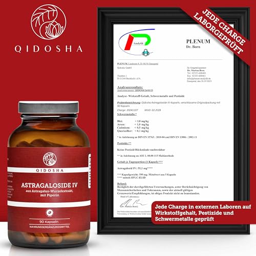 QIDOSHA® Astragaloside IV aus Astragalus-Wurzelextrakt plus Piperin, höchster Astragalosid IV Gehalt, 90 Kapseln im Apothekerglas, deutsche Fertigung, jede Charge laborgeprüft – Bild 6