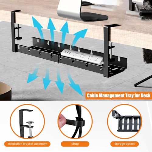 Image of Dyazo Under Desk Cable Management Tray | Adjustable 28.5-55 CM Metal Cable Organizer Rack | No-Drill Wire Management Shelf for Power Strip, Extension Board, Router, Network & Charging Cables (Black)