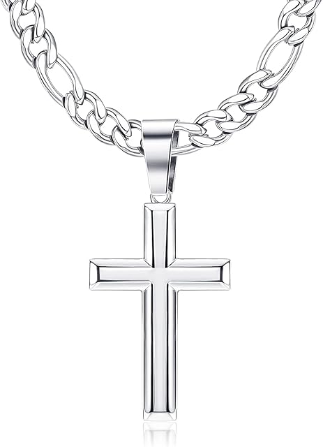 Roheafer Mens Cross Necklace 925 Sterling Silver 5mm Stainless Steel Diamond-Cut Figaro Cross Chain Necklace Polished Beveled Edge Cross Pendant Necklace for Men Women 46/51/56/61/66/76CM
