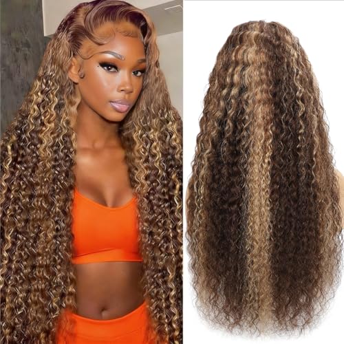 EGOTOI 30 inch Highlight Deep Wave Wig Human Hair 13x6 HD Honey Blonde 220 Density Ombre Lace Front Wigs Pre Plucked 100% Real Human Hair No Synthetic Blend No Tangle No Shedding Triple Lifespan 3X