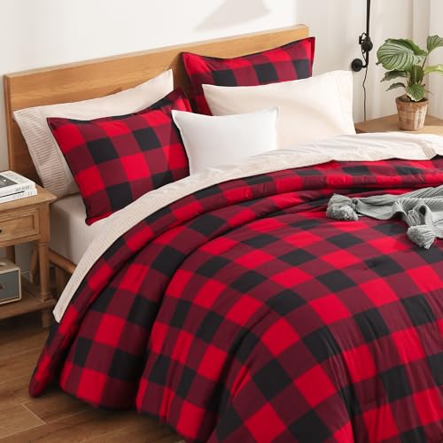 Image of Andency Red and Black Plaid Comforter Set Queen(90x90Inch), 3 Pieces Buffalo Plaid Checkered Gingham Bedding Comforter Sets, Soft Burgundy Lightweight Geometric Down Alternative Bed Set