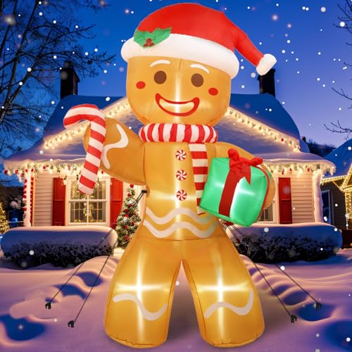 GUDELAK Boneco de gengibre insuflável gigante (2,44 m) com iluminação LED para jardim, com bastão de caramelo e saco de presente, decoração de Natal insuflável para relva, jardim e Natal