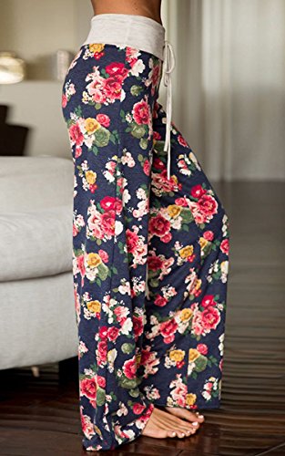 Image of AMiERY Women's Comfy Casual Pajama Pants Floral Print Drawstring Palazzo Lounge Pants Wide Leg
