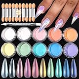 SUTOZMIWE 10 Colors Mermaid Pearl Chrome Nail Powder, Iridescent Aurora Powder Metallic Mirror Effect Pigment Pearlescent Nail Art Glitter Dust Kit for Gel Polish Nail Art Decoration
