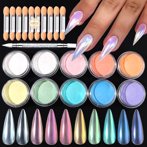 SUTOZMIWE 10 Colors Mermaid Pearl Chrome Nail Powder, Iridescent ...