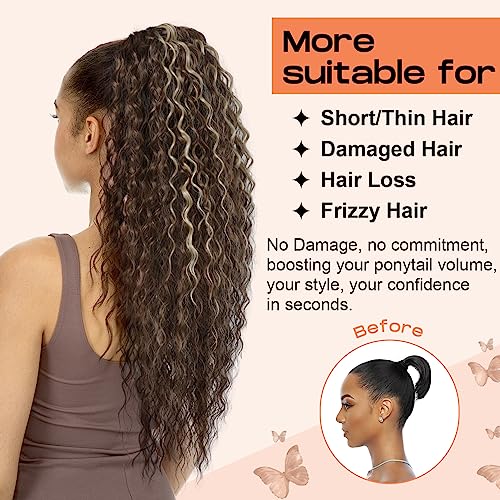 Seikea SK-26PT598-4H27D Ponytail Extension, Pt005 Isabella 26 Inch Long Bohemian Curly Highlight Drawstring Ponytail Multi Layered Light Fluffy Clip In Hair Extensions Ponytail Chocolate Brown Caramel Blonde Highlights thumb #4