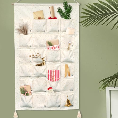 Adventskalender Zum Befüllen Stoff, Adventskalender zum Aufhängen mit 24 Stoffbeutel, Wiederverwendbar zum Befüllen Wand Große 117 x 68 cm, Weihnachtskalender Wandteppich für Weihnachtsdeko