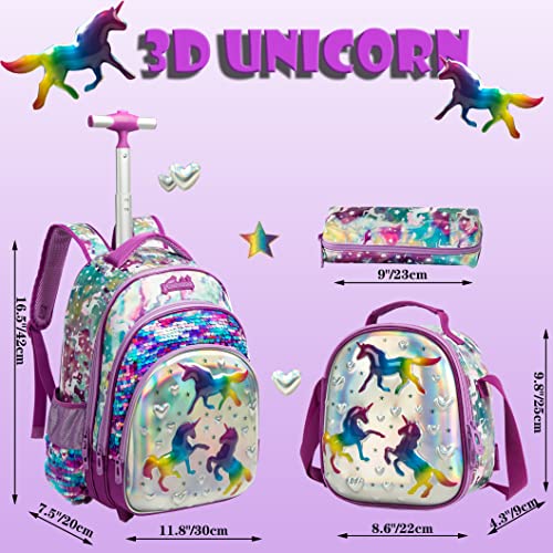Meetbelify Purple Unicorn Rolling Backpack For Girls Backpack With Wheels Kids Sequin Wheels School Backpacks With Lunch Box Set For Elementary Trip Trolley Luggage #TOP1