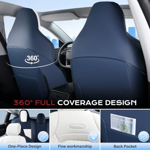 Image of Coverado Front Seat Covers for Tesla Model 3, New Car Seat Covers, Front 2PCS Leatherette Car Seat Cover Seat Protector Custom for Tesla Model 3 2024-2025 New BlueWhite