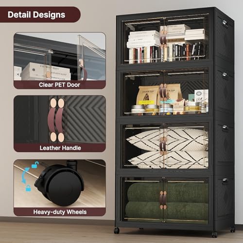 Image of UAMFURI Stackable Storage Bins with Lids, 1440QT Lockable Storage Cabinet | Folding Storage Box with Doors and Wheels, Collapsible Plastic Drawers for Home, Garage, Office