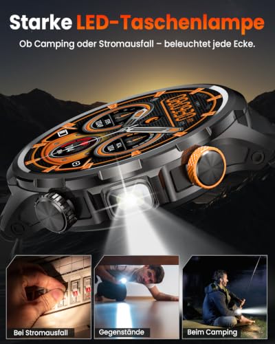 BANLVS Smartwatch Herren Militär mit 1000mAh und LED Taschenlampen, Schwarz – Ansicht 4