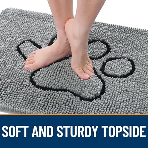 Image of OLANLY Solid Color Chenille Dog Door Mat and Paw Print Dog Doormat, Solid Color Mat Size 24x16 in Grey，Paw Print mat Size 24x16 in Grey, 2 Item Bundle