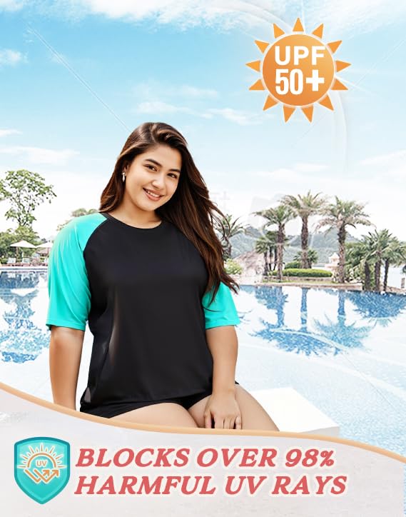 Women's Plus Size Rash Guard Swim Shirt UPF50+ Short Sleeve Sun Protection with Pockets | Tagless, Tummy Control & Mesh Vents2