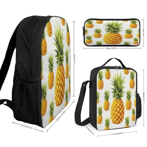 Printed Backpack With Lunch Pack Storage Box Case Yellow Pineapple on White Background Illustration 3pcs Lightweight Travel Backpack2