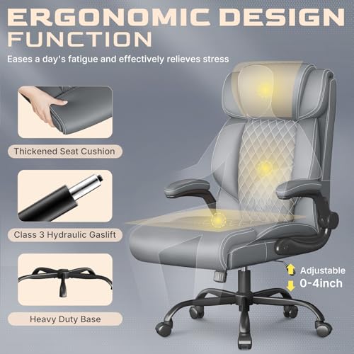 Image of Office Chair-Executive High Back Breathable Big and Tall Office Chair Flip-up Armrests Lumbar Support-Ergonomic Leather Rolling Swivel Chair with Rock Function for Working Studying Gaming,Gray
