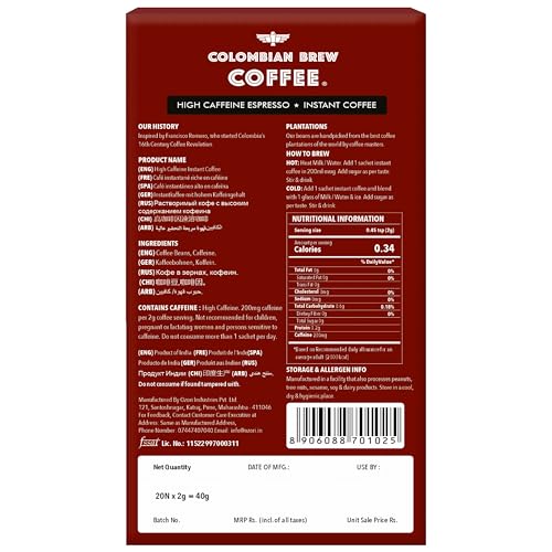 Image of Colombian Brew High Caffeine Espresso Instant Coffee Powder, Strong, 20 Sachets